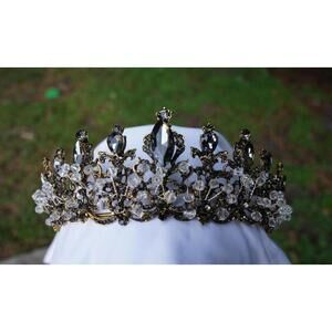 Black Gray Crystal Tiara Bridal Goth Crown Birthday Wedding Gift Diadem